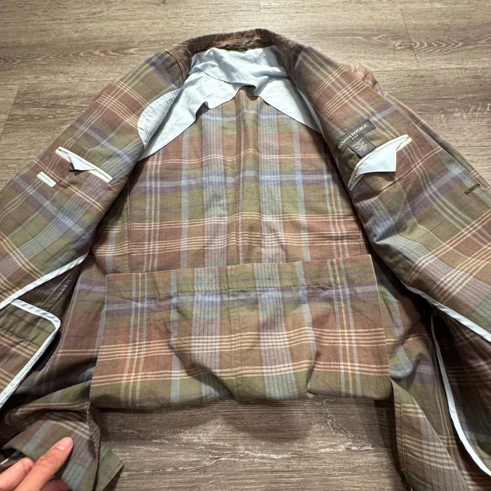 Banana Republic Sport Coat Men 42L Brown Plaid Cotton Linen Unconstructed Blazer